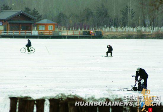 南湖公园冰面部分融化 垂钓危险