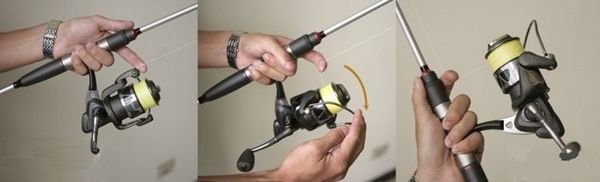 先以食指勾住钓线，扳开导线规至定位，将手臂往后摆，准备抛投。